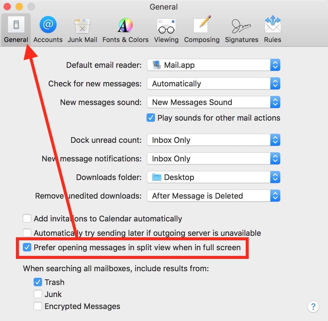 macOS High Sierra Preferences General Tab showing option to disable split view in full screen mode