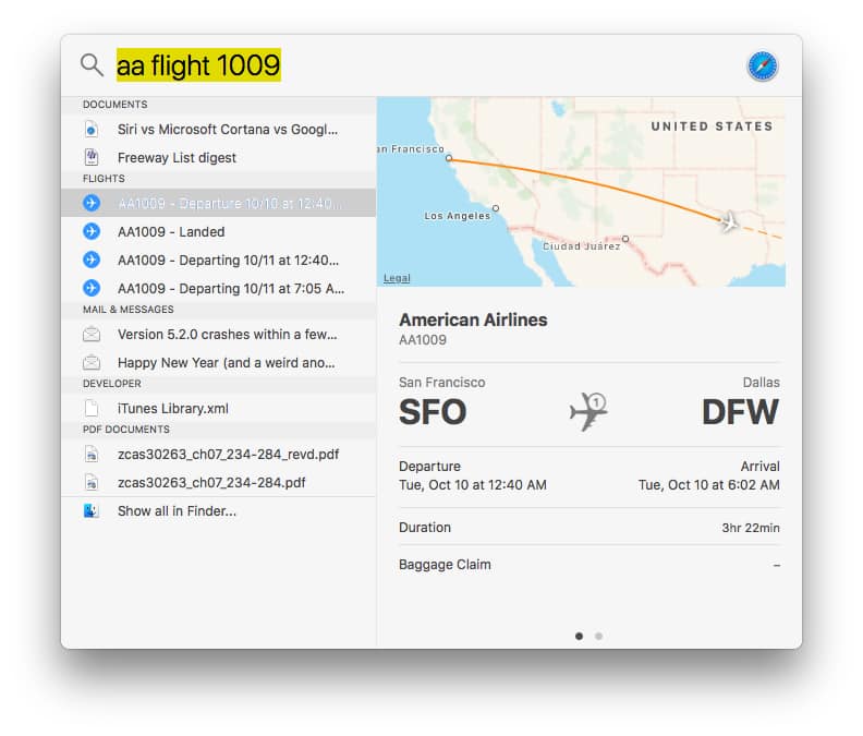 Spotlight can now show you flight tracking info!
