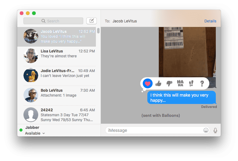 Right or Control-click a message bubble to respond with a tapback on your Mac.