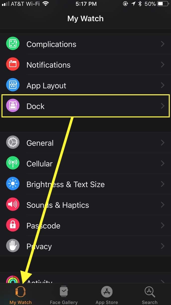 Apple Watch App My Watch tab gets you to watchOS 4 Dock settings