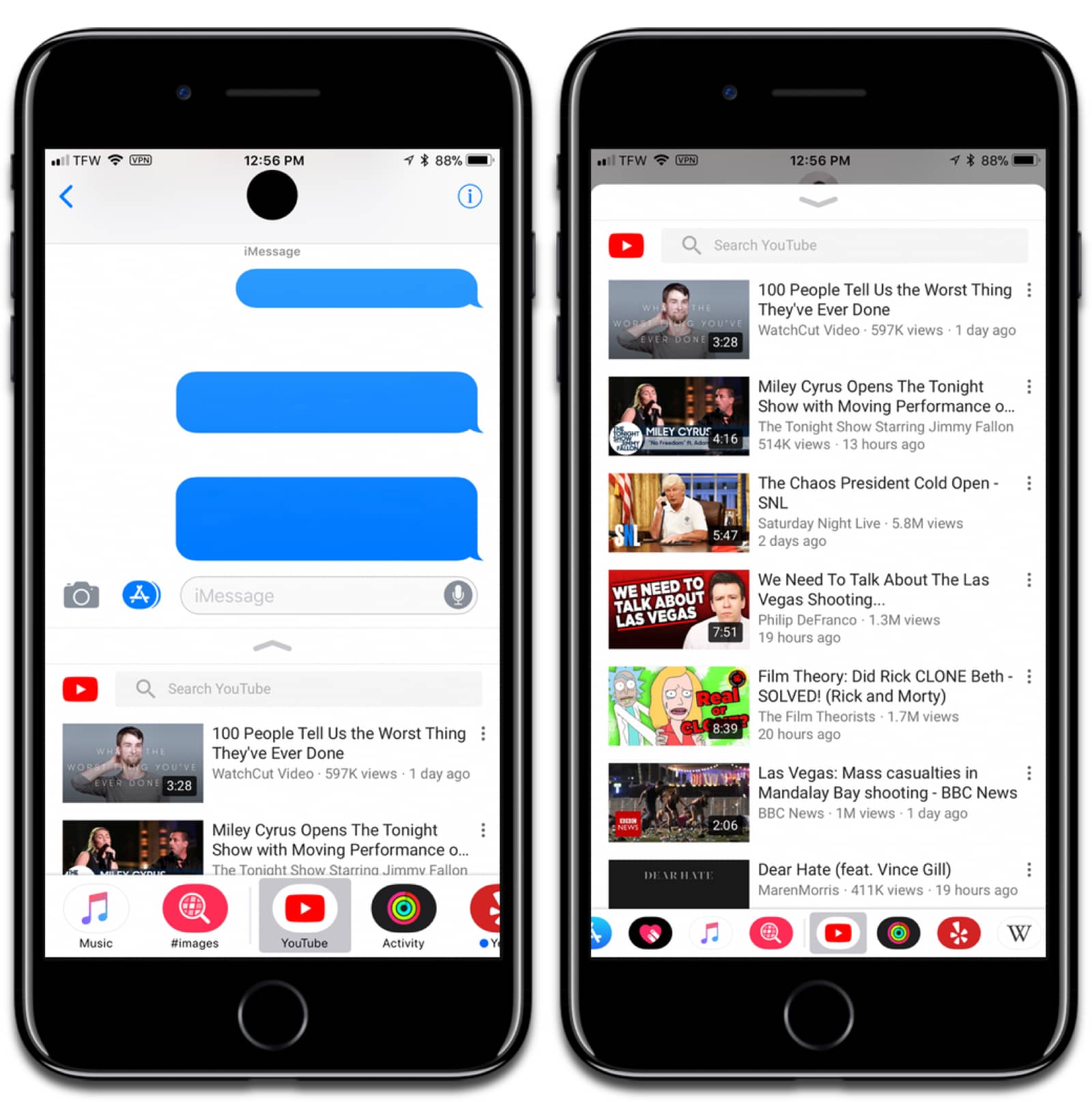 Screenshots of YouTube for iOS. Searching for videos in iMessage by typing or voice.