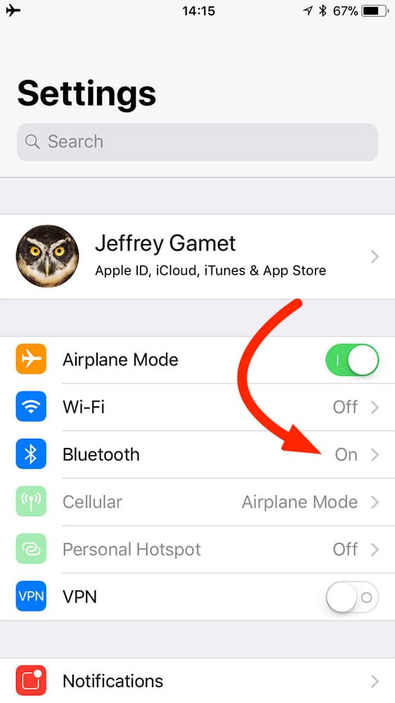 iOS 11 settings for Airplane Mode and Bluetooth