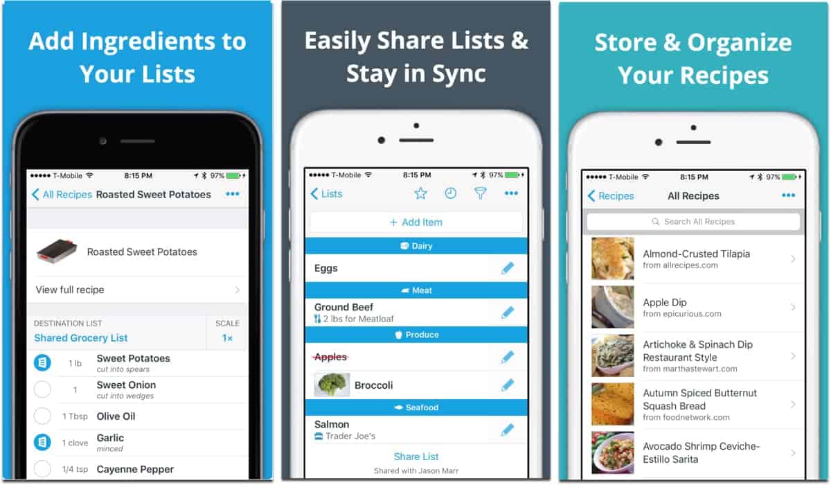 Screenshots of AnyList, one of the grocery apps.