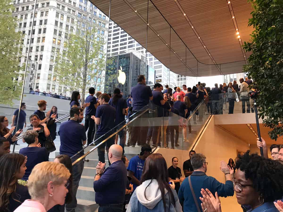 Granite stairways connect the two levels of Apple Store Michigan