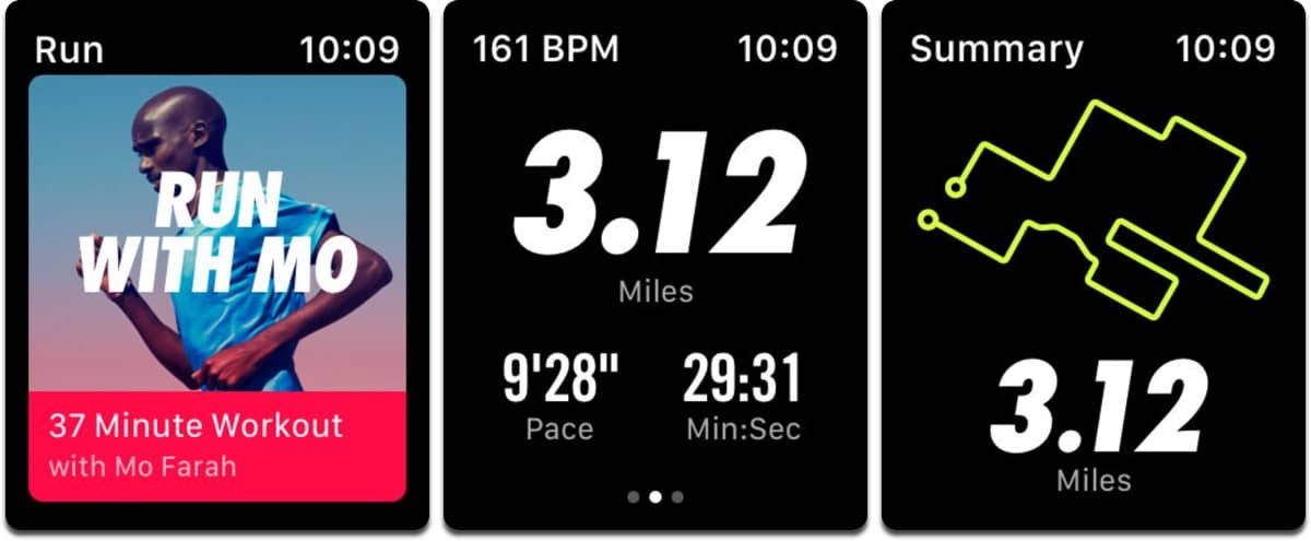 Screenshots of Apple Watch fitness app Nike+.