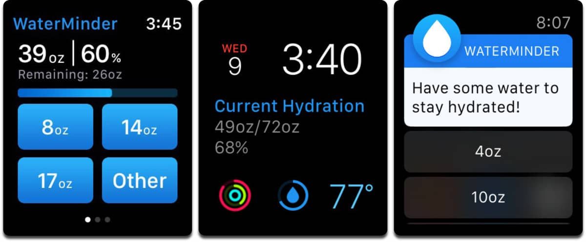 Screenshots of Apple Watch fitness app WaterMinder.