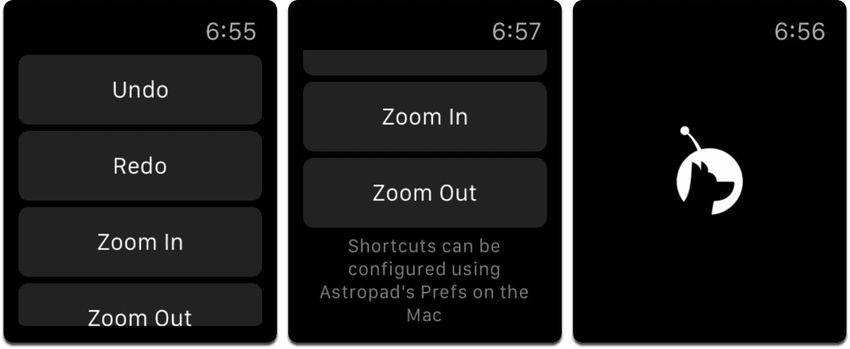 Screenshots of Apple Watch photography app Astropad Mini.
