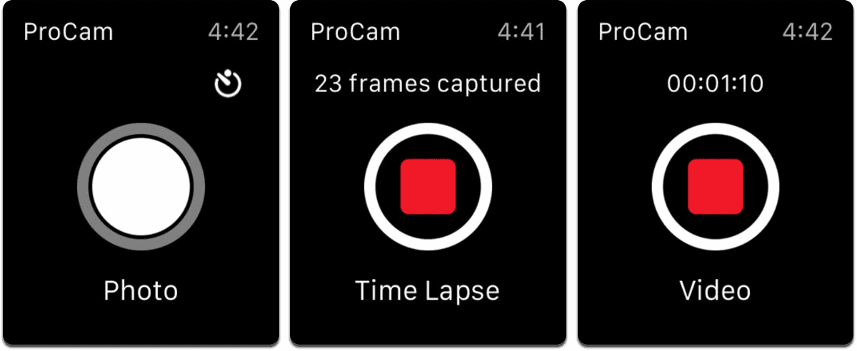 Screenshots of Apple Watch photography app ProCam 5.