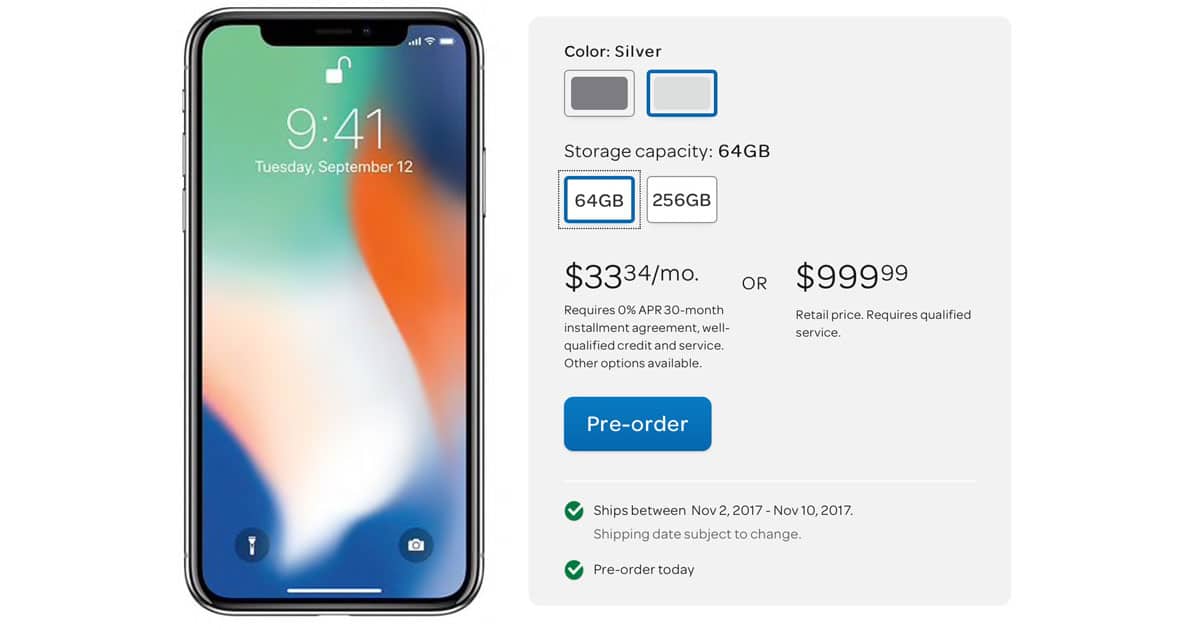 AT&T iPhone X, Shipping November 2nd for Delivery on November 3rd.