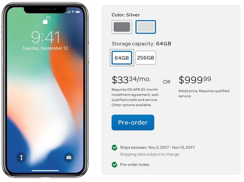 AT&T iPhone X, Shipping November 2nd for Delivery on November 3rd.