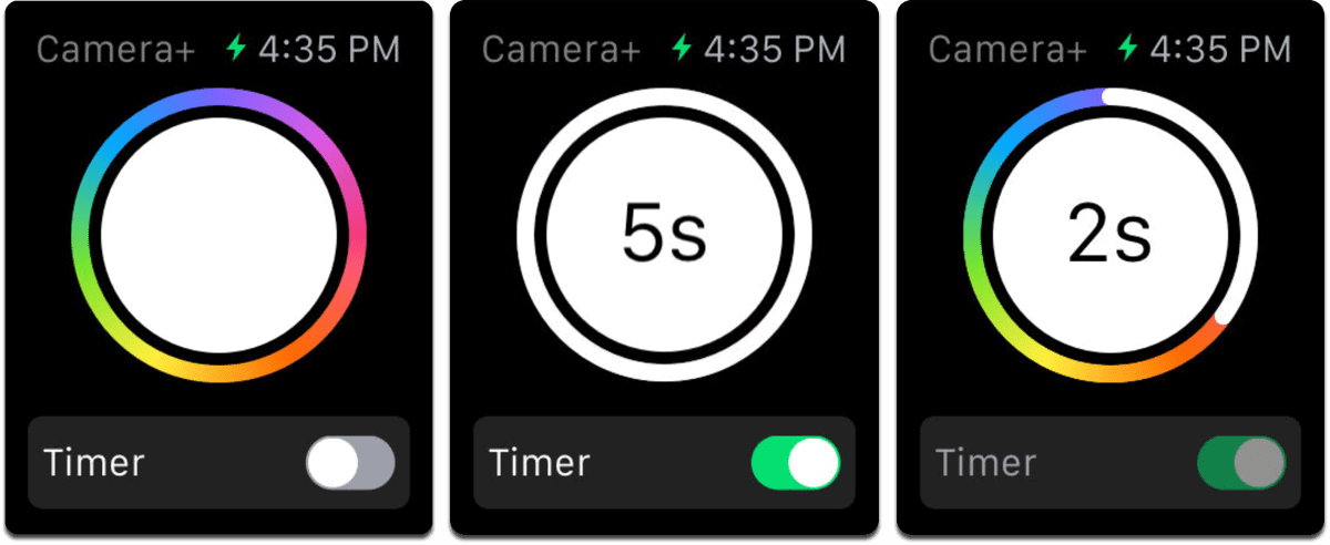 Screenshots of Apple Watch photography app Camera Plus.