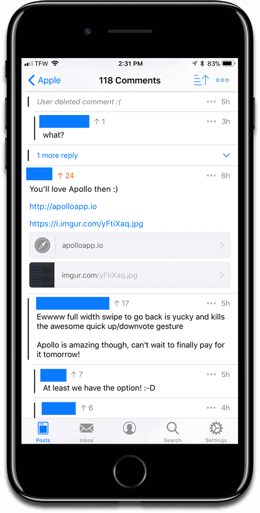 Screenshot of iOS Reddit client Apollo of media preview in comments.