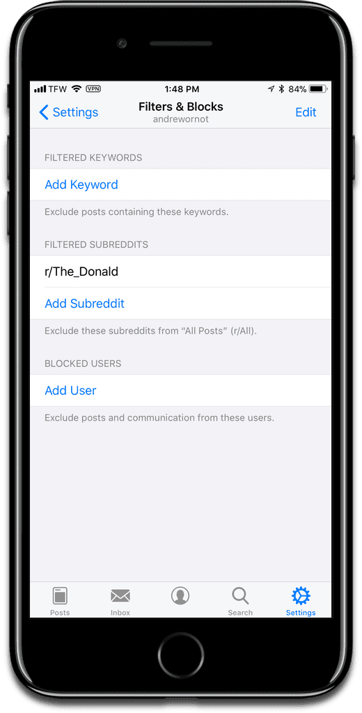 Screenshot of iOS Reddit client Apollo app settings to create filters and blocks.