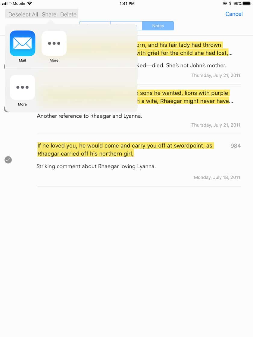 Share Options in iBooks Notes