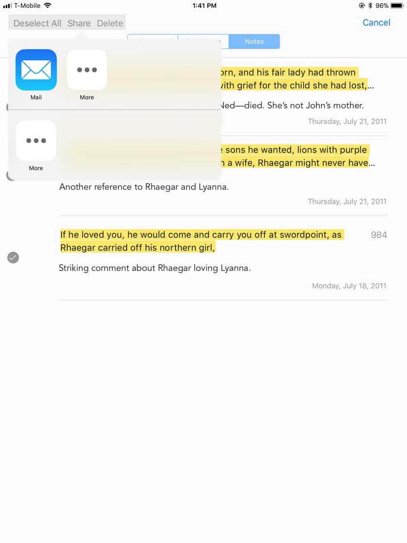 Share Options in iBooks Notes