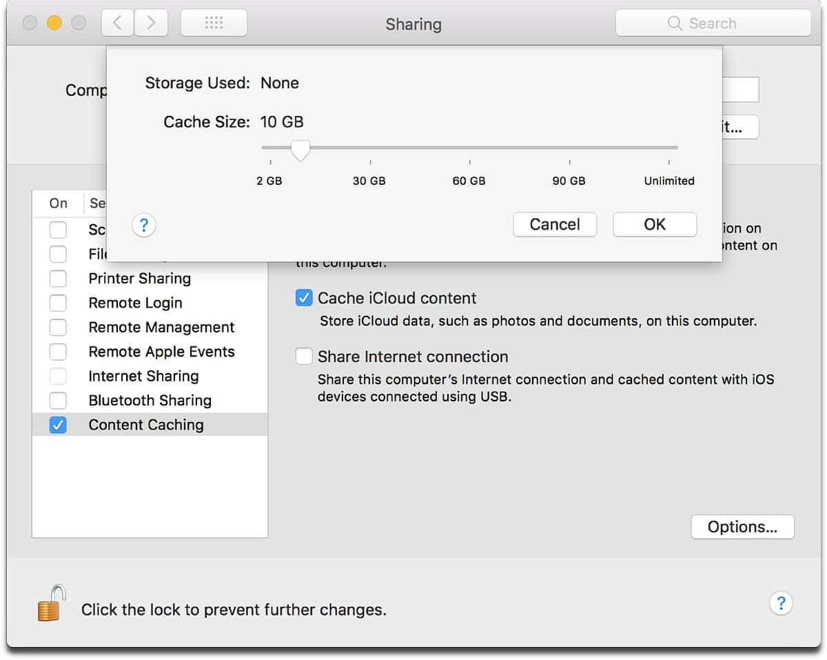 Controlling the iCloud content caching size.