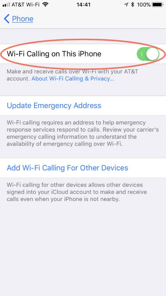 iOS 11 Wi-Fi Calling Settings enabled