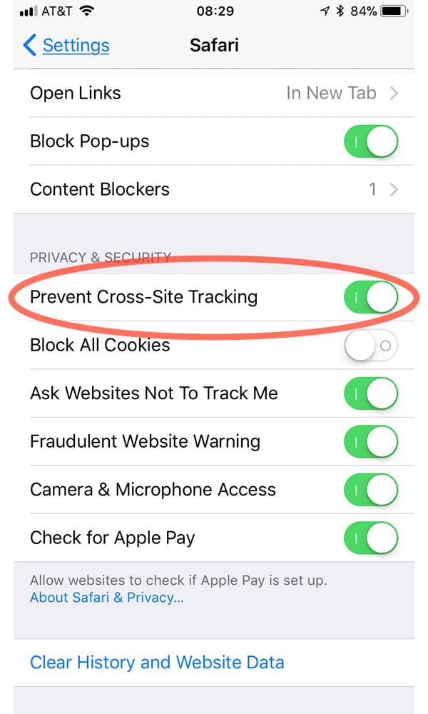Prevent Cross-Site Tracking for Safari in iOS 11 Settings app