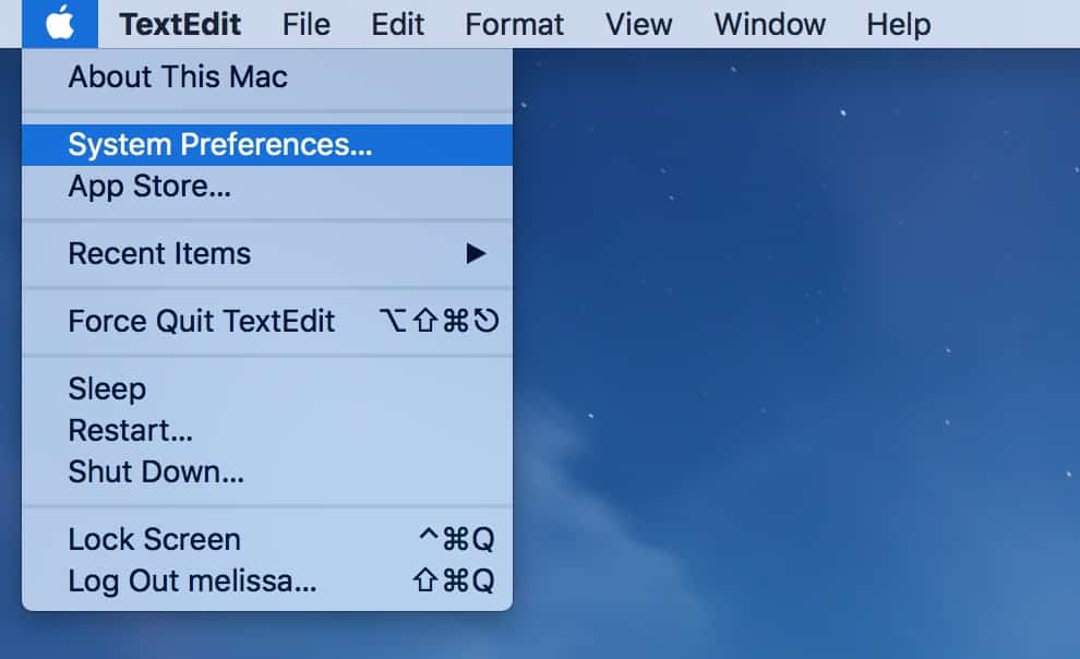 Apple Menu showing System Preferences where Time Machine's preferences are found