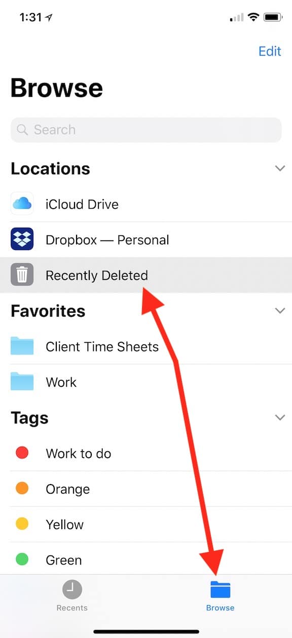 iCloud Drive Recently Deleted directory in Files app on iOS