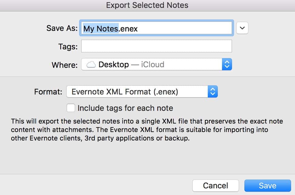 Choose the ENEX format in Evernotes Export Selected Notes dialog
