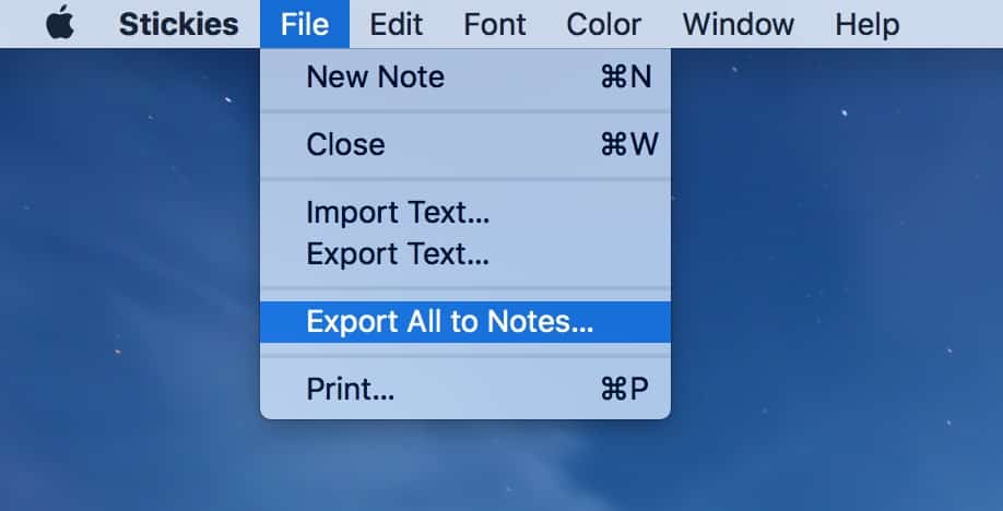 Export to Notes from Stickies via the Stickies File menu