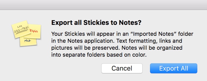 Export All Dialog Box confirms you want to move your Stickies to Notes