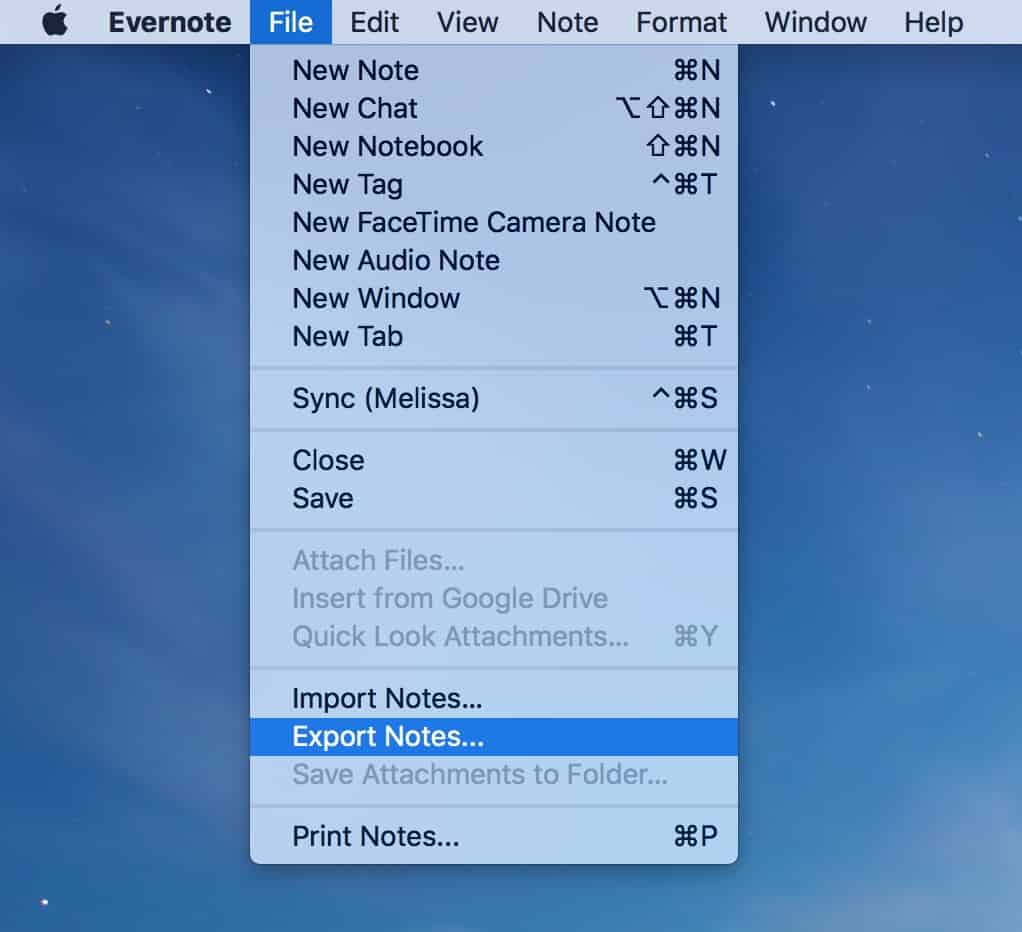 Export to Notes from Evernote uses the Export Notes option in Evernote