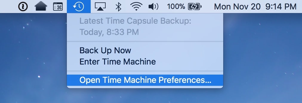 Time Machine Menu Bar Icon showing Preferences option