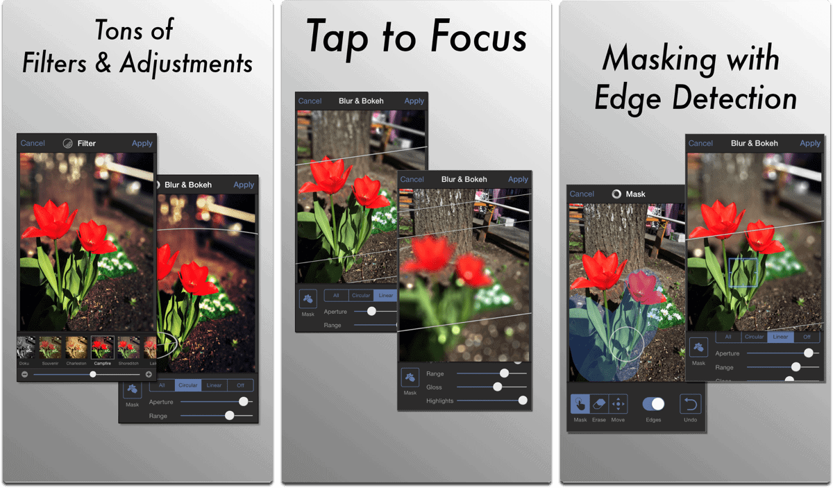 Screenshots of Tadaa SLR, a Portrait Mode bokeh app.