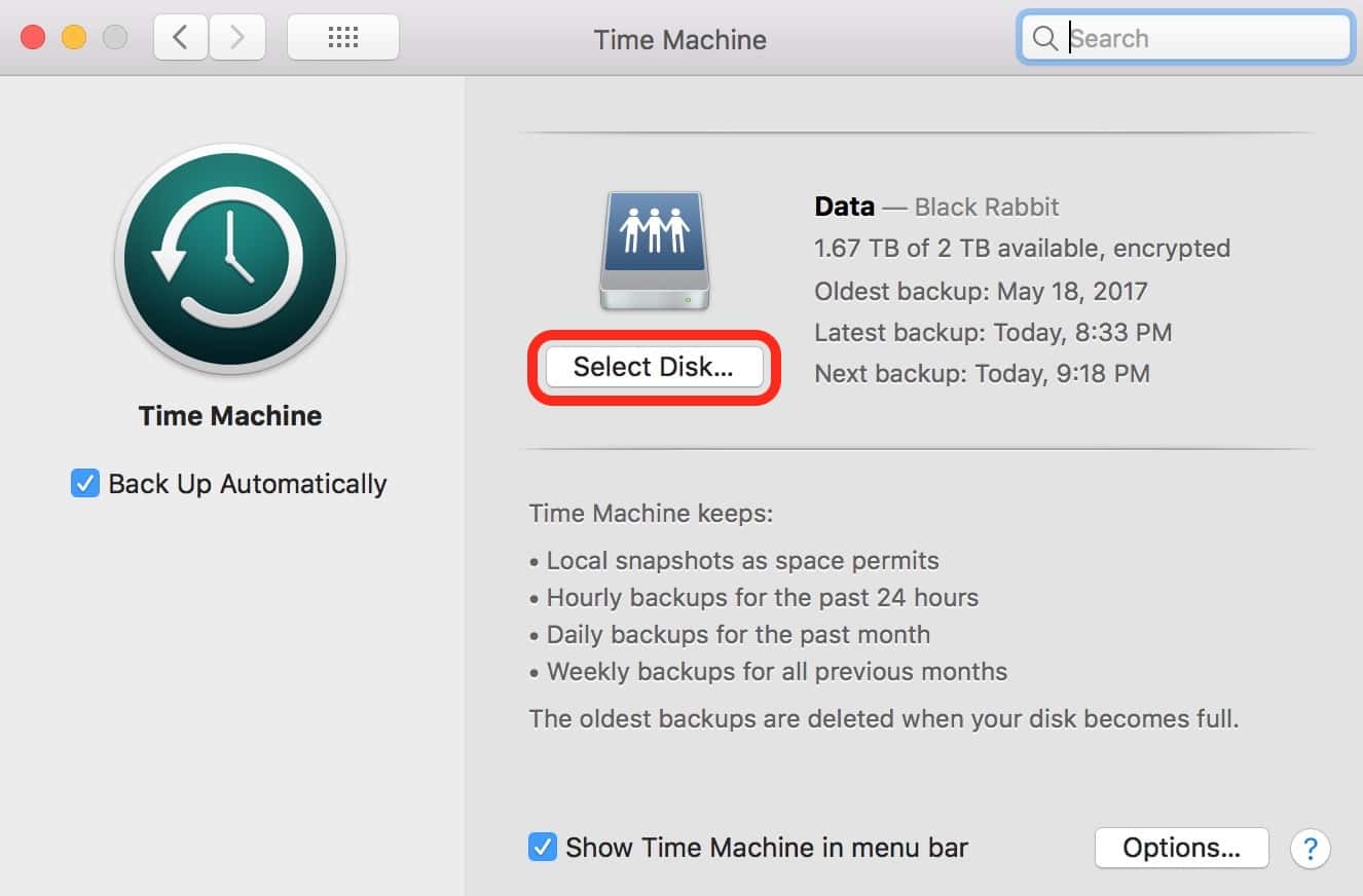 Time Machine Preferences showing Select Disk option