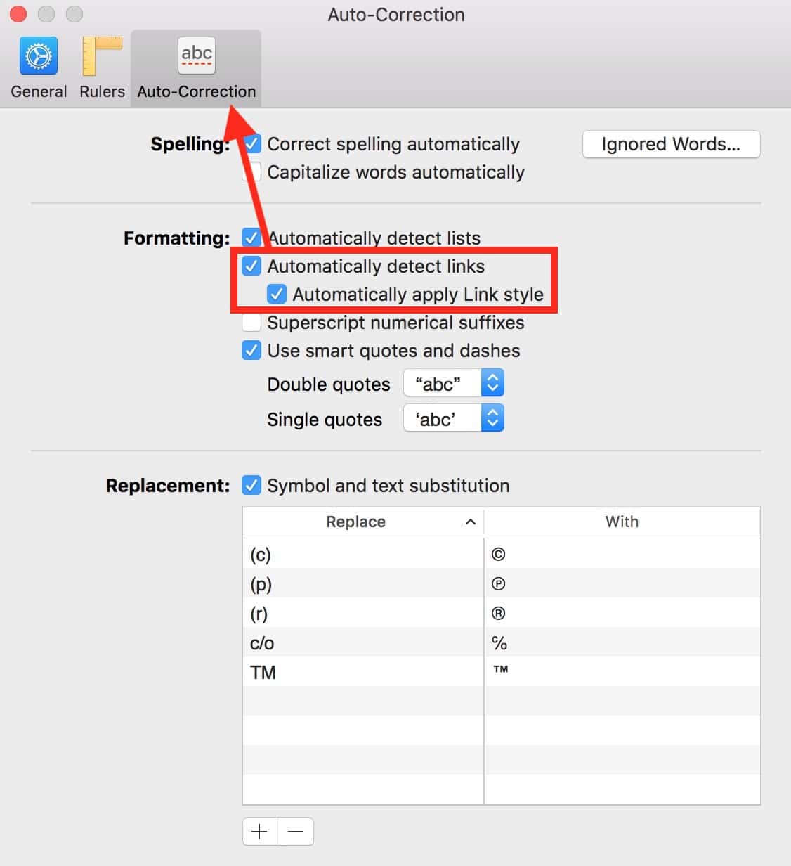 Pages Preferences Window showing Auto-Correction settings for linked text formatting