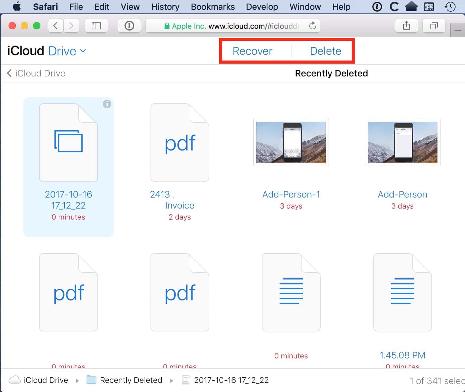 Recently Deleted Items in iCloud Drive