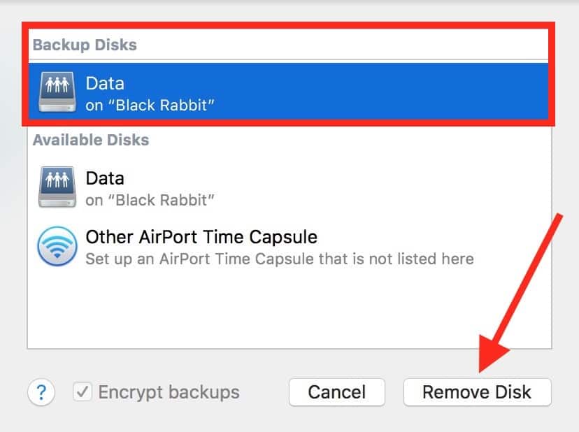 Time Machine preferences Remove Disk Button for removing a disk from your backup sets