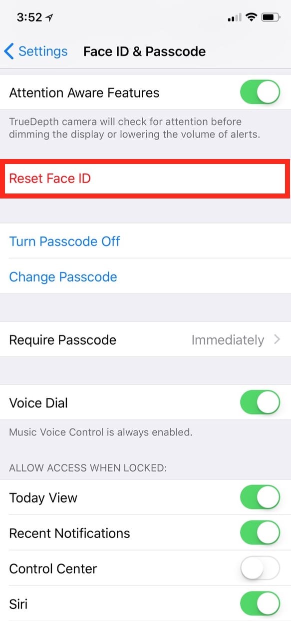 Reset Face ID option in iPhone X Settings