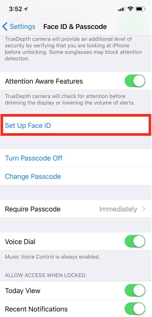 Set Up Face ID option on iPhone X