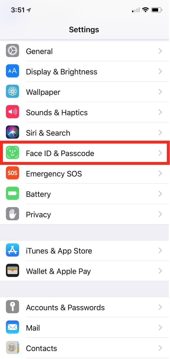 iOS 11 Settings App showing iPhone X Face ID