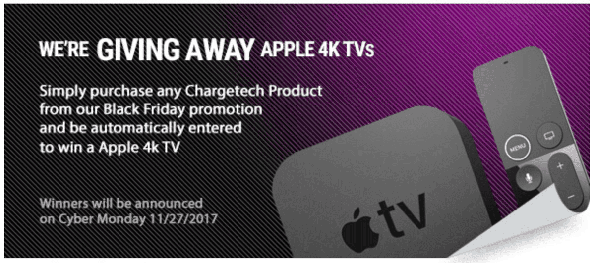 Screenshot of Apple TV 4K giveaway by Chargetech, one of the best Apple Black Friday deals.