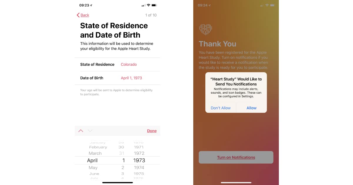 Apple Heart Study birthdate and notifications screens