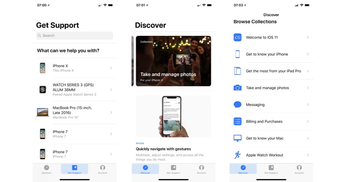 Apple Support app with new iPhone interface