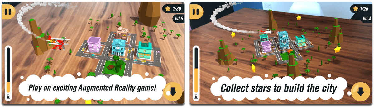 Screenshots of Arcade Plane, one of the AR video games on iOS.