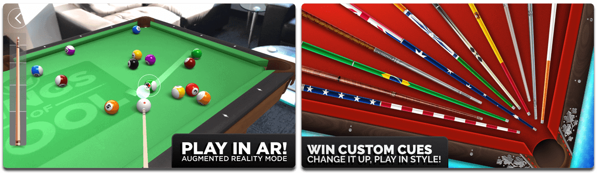 Screenshots of Kings of Pool, one of the AR video games on iOS.