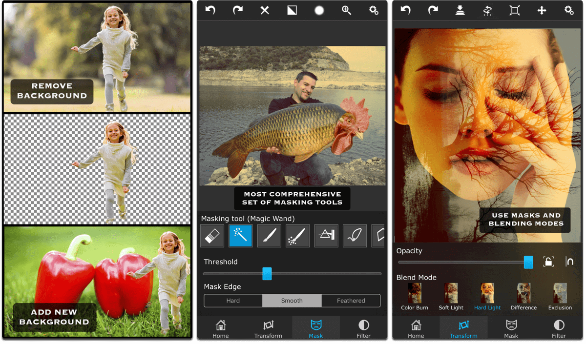 Screenshots of Superimpose, one of the composite image apps.
