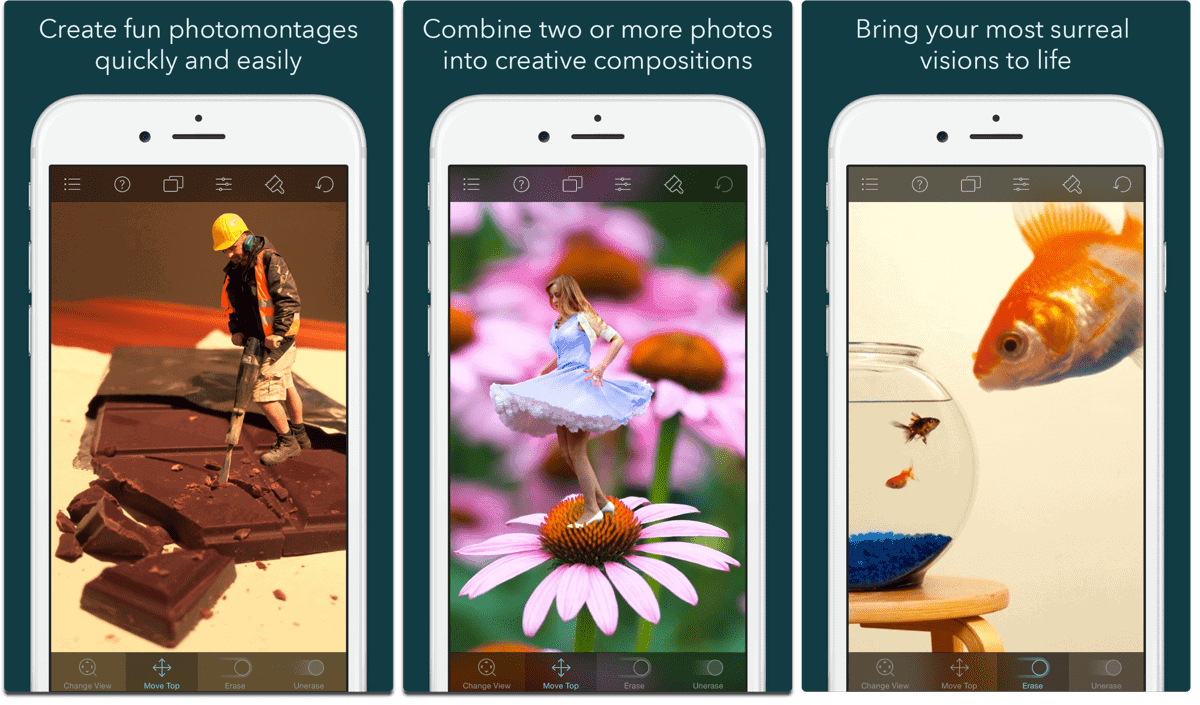 Screenshots of Juxtaposer, one of the composite image apps.