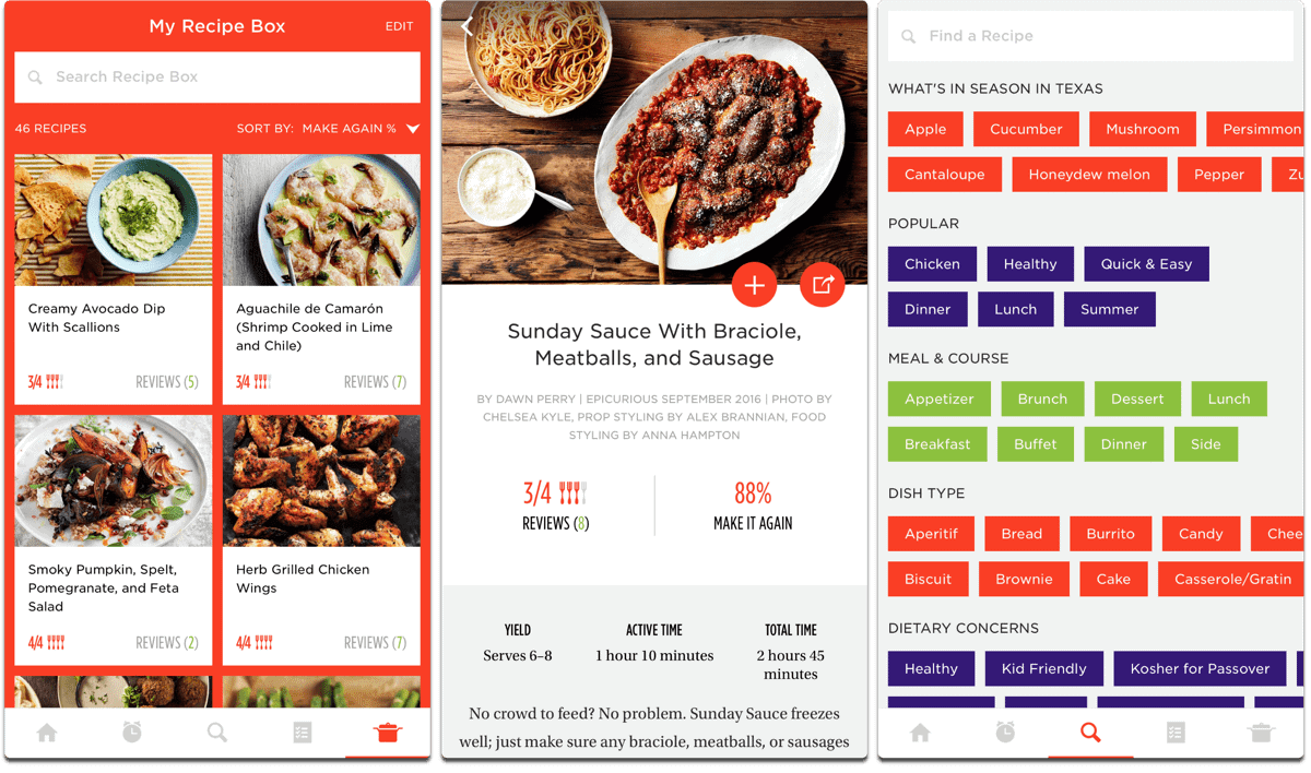 Screenshots of Epicurious, one of the cooking apps.