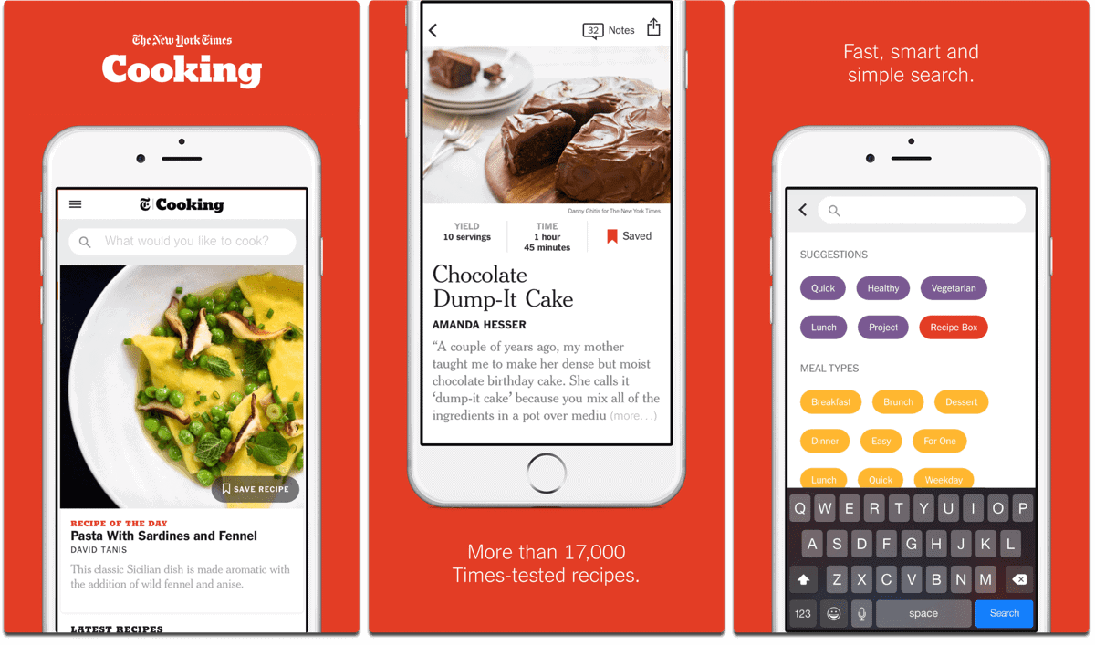 Screenshots of NYT Cooking, one of the cooking apps.