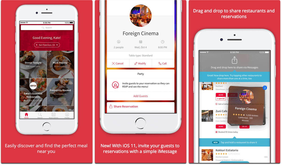 Screenshots of OpenTable, one of the cooking apps.