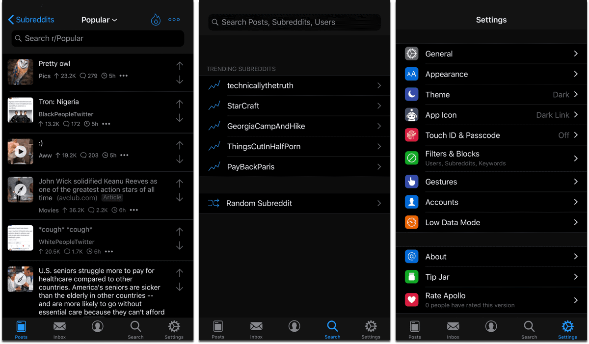 Screenshots of Apollo, one of the dark mode apps.