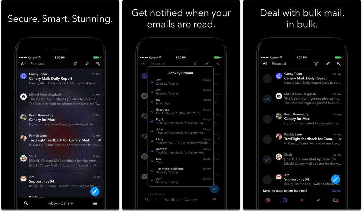 Screenshots of Canary Mail, one of the dark mode apps.