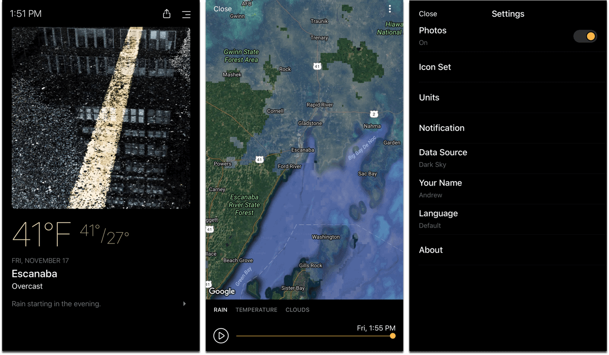 Screenshots of Today Weather, one of the dark mode apps.